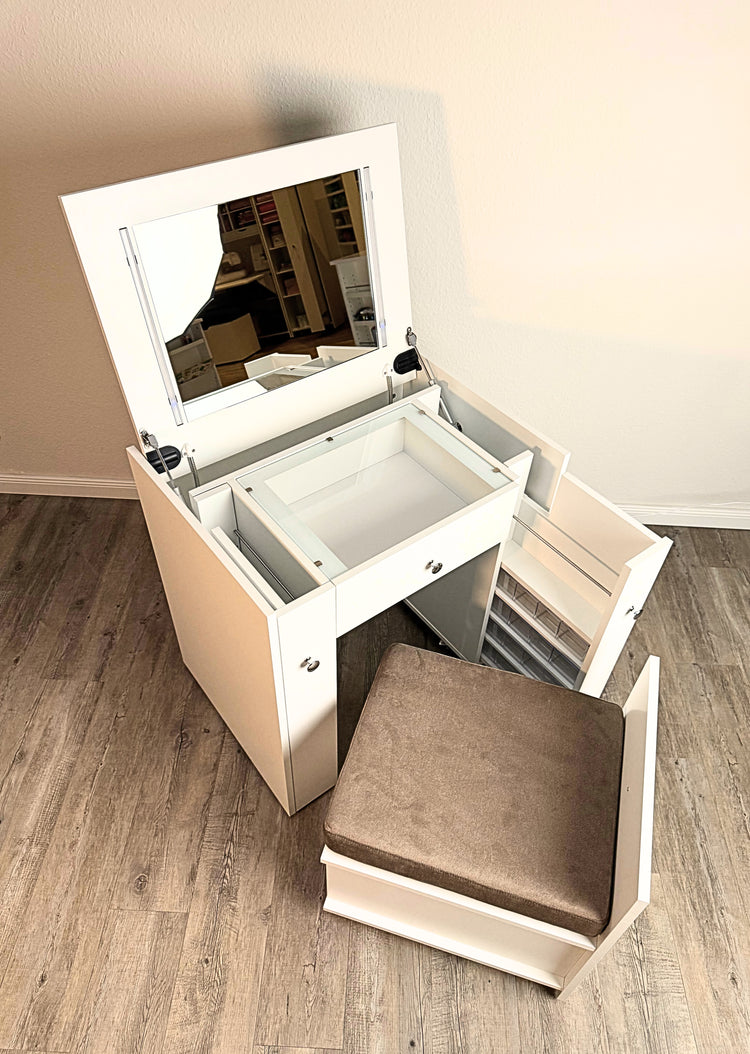 BrandBox Beauty - Dein mobiler Schminktisch mit gepolstertem Sitzhocker